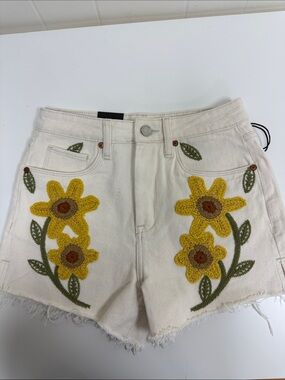 Blank NYC Cream Denim Jean Shorts with Yellow Floral Embroidery